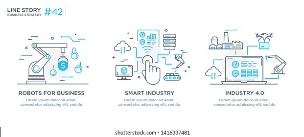 Conjunto de conceptos ilustrativos con empresarios. tecnología, asociación, conexión, robot de negocios, ciber. ilustración lineal Infografías de iconos. Afiche de impresión del sitio de destino. Vector Eps. Línea