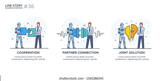 Set of illustrations concept with businessmen. technology, partnership, connection, business robot, cyber. linear illustration Icons infographics. Landing page site print poster. Eps vector. Line