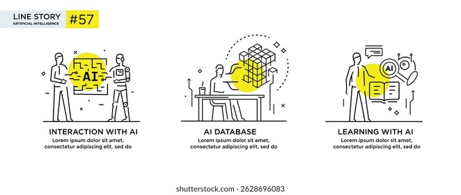 Conjunto de ilustraciones concepto con hombres de negocios. tecnología, asociación, inteligencia artificial, robot de negocios, cybes. ilustración lineal Iconos infografías. Afiche de impresión del sitio de la página de destino. Línea