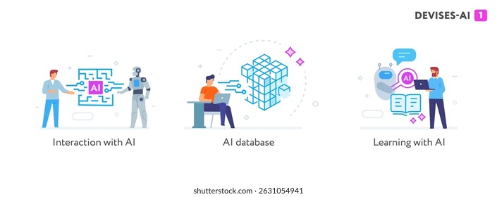 Conjunto de ilustraciones concepto con hombres de negocios. tecnología, asociación, inteligencia artificial, robot de negocios, cybes. ilustración lineal Iconos infografías. Afiche de impresión del sitio de la página de destino. Línea