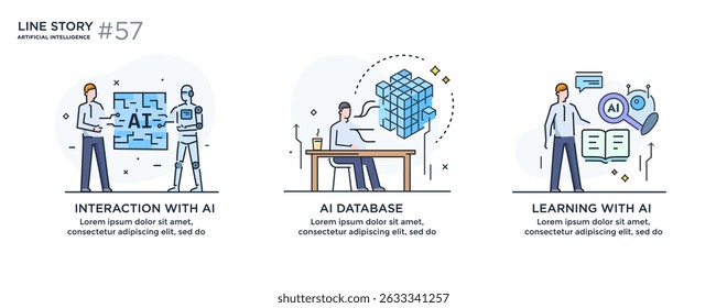 Set of illustrations concept with businessmen. technology, partnership, artificial intelligence business robot, cybes. linear illustration Icons infographics. Landing page site print poster. Line