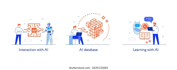 Conjunto de ilustrações conceito com homens de negócios. tecnologia, parceria, inteligência artificial robô de negócios, cibos. ilustração linear Ícones infográficos. Cartaz impresso do site da página de aterrissagem. Linha