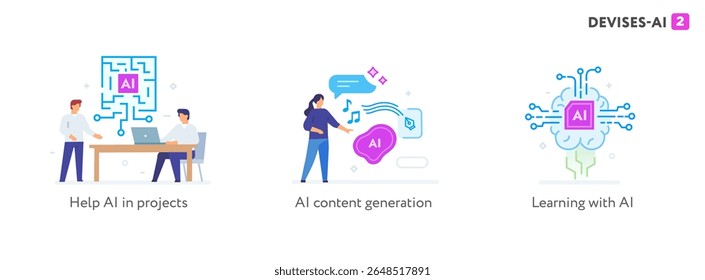Set von Illustrationen Konzept mit Geschäftsleuten. Technologie, Partnerschaft, künstliche Intelligenz, Geschäftsroboter, Cyber. Lineare Illustration Icons Infografiken. Druckposter für Landing-Page-Site EPS-Vektor