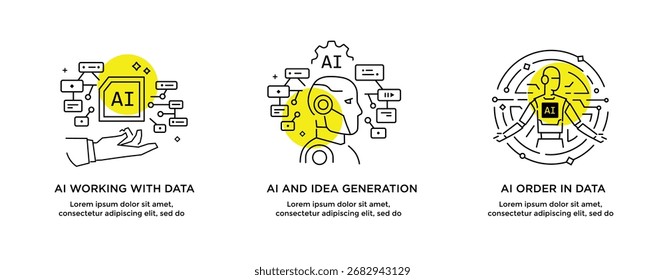 Conjunto de ilustrações conceito com homens de negócios. tecnologia, parceria, inteligência artificial robô de negócios, cibos. ilustração linear Ícones infográficos. Cartaz impresso do site da página de aterrissagem. Linha