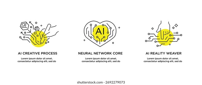 Conjunto de ilustraciones concepto con hombres de negocios. tecnología, asociación, inteligencia artificial, robot de negocios, cybes. ilustración lineal Iconos infografías. Afiche de impresión del sitio de la página de destino. Línea