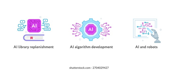 Conjunto de ilustraciones concepto con hombres de negocios. tecnología, asociación, inteligencia artificial, robot de negocios, cybes. ilustración lineal Iconos infografías. Afiche de impresión del sitio de la página de destino. Línea