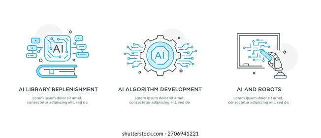 Set of illustrations concept with businessmen. technology, partnership, artificial intelligence business robot, cybes. linear illustration Icons infographics. Landing page site print poster. Line