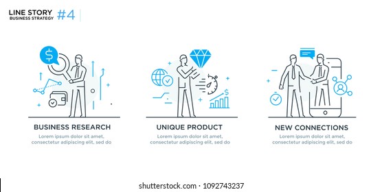 Set of illustrations concept with businessmen. Workflow, growth, graphics. Business development, milestones. linear illustration Icons infographics. Landing page site print poster