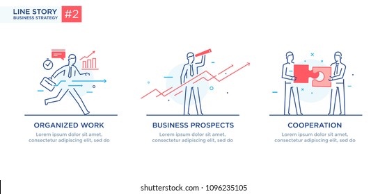 Set of illustrations concept with businessmen. Workflow, growth, graphics. Business development, milestones. linear illustration Icons infographics. Landing page site print poster