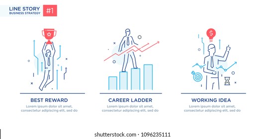 Conjunto de conceptos ilustrativos con empresarios. Flujo de trabajo, crecimiento, gráficos. Desarrollo empresarial, hitos. ilustración lineal Infografías de iconos. Afiche de impresión del sitio de destino