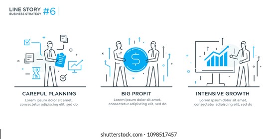 Set of illustrations concept with businessmen. Workflow, growth, graphics. Business development, milestones. linear illustration Icons infographics. Landing page site print poster. Line story