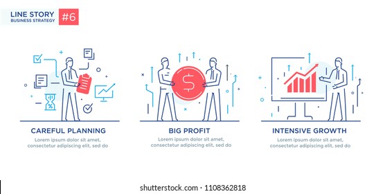 Set of illustrations concept with businessmen. Workflow, growth, graphics. Business development, milestones. linear illustration Icons infographics. Landing page site print poster. Line story