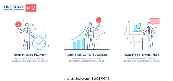 Conjunto de conceptos ilustrativos con empresarios. Flujo de trabajo, crecimiento, gráficos. Desarrollo empresarial, hitos. ilustración lineal Infografías de iconos. Afiche de impresión del sitio de destino. Vector Eps. Línea