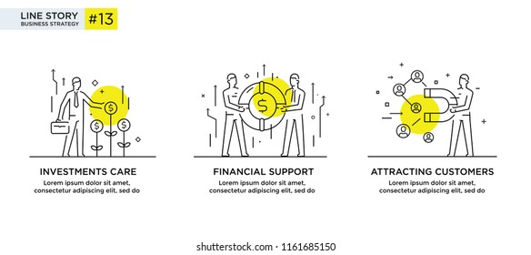 Set of illustrations concept with businessmen. Workflow, growth, graphics. Business development, milestones. linear illustration Icons infographics. Landing page site print poster. Eps vector. Line