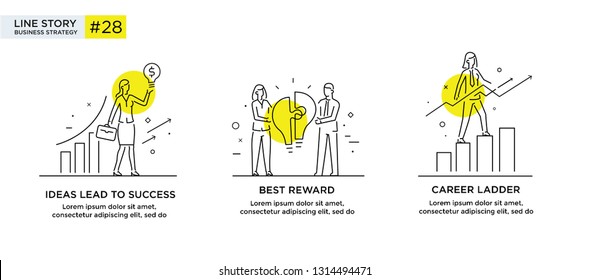 Set of illustrations concept with businessmen. Workflow, growth, graphics. Business development, milestones. linear illustration Icons infographics. Landing page site print poster. Eps vector