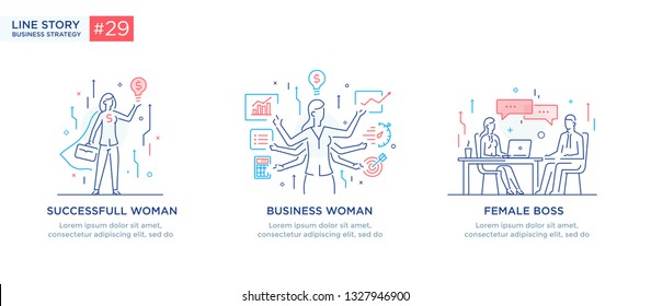 Conjunto de conceptos ilustrativos con empresarios. Flujo de trabajo, crecimiento, gráficos. Desarrollo empresarial, hitos. ilustración lineal Infografías de iconos. Afiche de impresión del sitio de destino. Vector Eps