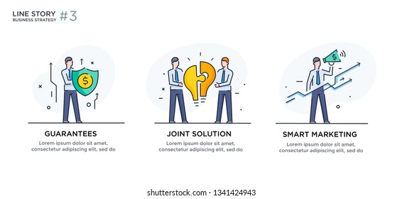 Set of illustrations concept with businessmen. Workflow, growth, graphics. Business development, milestones. linear illustration Icons infographics. Landing page site print poster. Eps vector