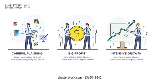 Set of illustrations concept with businessmen. Workflow, growth, graphics. Business development, milestones. linear illustration Icons infographics. Landing page site print poster. Eps vector. Line