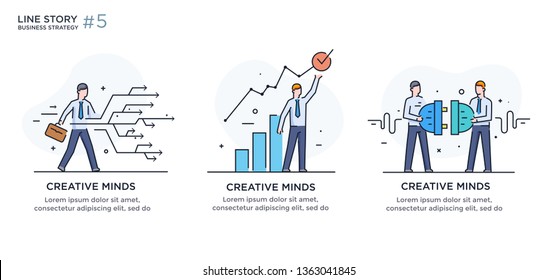 Set of illustrations concept with businessmen. Workflow, growth, graphics. Business development, milestones. linear illustration Icons infographics. Landing page site print poster. Eps vector