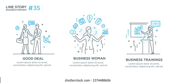 Set of illustrations concept with businessmen. Workflow, growth, graphics. Business development, milestones. linear illustration Icons infographics. Landing page site print poster. Eps vector