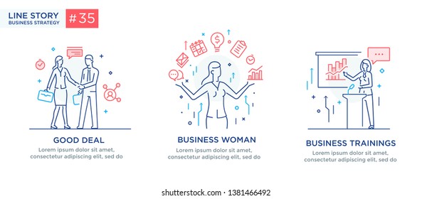 Conjunto de conceptos ilustrativos con empresarios. Flujo de trabajo, crecimiento, gráficos. Desarrollo empresarial, hitos. ilustración lineal Infografías de iconos. Afiche de impresión del sitio de destino. Vector Eps