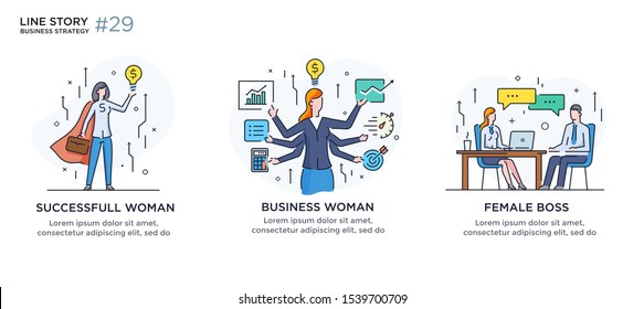 Set of illustrations concept with businessmen. Workflow, growth, graphics. Business development, milestones. linear illustration Icons infographics. Landing page site print poster. Eps vector
