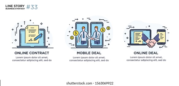 Set of illustrations concept with businessmen. Workflow, growth, graphics. Business development, milestones. linear illustration Icons infographics. Landing page site print poster. Line story