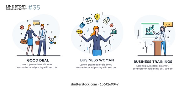 Conjunto de conceptos ilustrativos con empresarios. Flujo de trabajo, crecimiento, gráficos. Desarrollo empresarial, hitos. ilustración lineal Infografías de iconos. Afiche de impresión del sitio de destino. Vector Eps