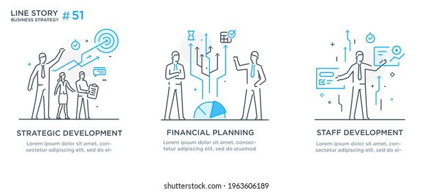 Set of illustrations concept with businessmen. Workflow, growth, graphics. Business development, milestones. linear illustration Icons infographics. Landing page site print poster