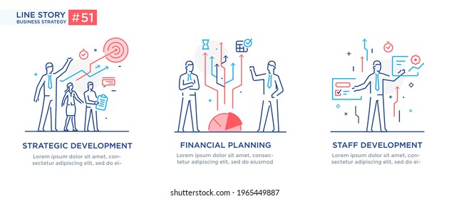 Set of illustrations concept with businessmen. Workflow, growth, graphics. Business development, milestones. linear illustration Icons infographics. Landing page site print poster