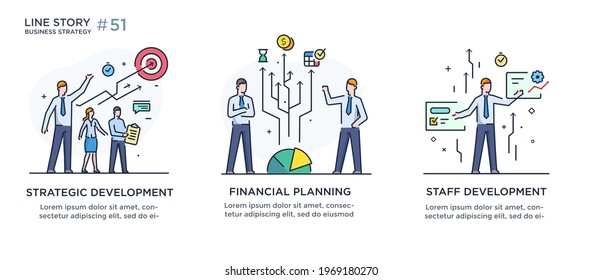 Set of illustrations concept with businessmen. Workflow, growth, graphics. Business development, milestones. linear illustration Icons infographics. Landing page site print poster