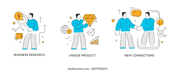 Set of illustrations concept with businessmen. Workflow, growth, graphics. Business development, milestones. linear illustration Icons infographics. Landing page site print poster