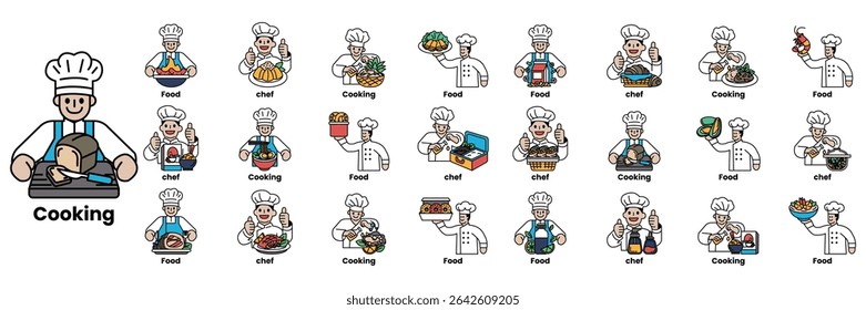 A Set of illustrations in the concept of Chef and Food in line art style