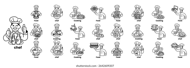 Um conjunto de ilustrações no conceito de Chef and Food em estilo de arte de linha