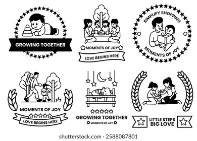 A set of illustrations in the concept of children and family in a line style