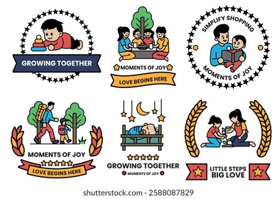 A set of illustrations in the concept of children and family in a line style