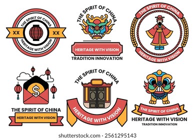 Set of illustrations in the concept of Chinese culture in line style