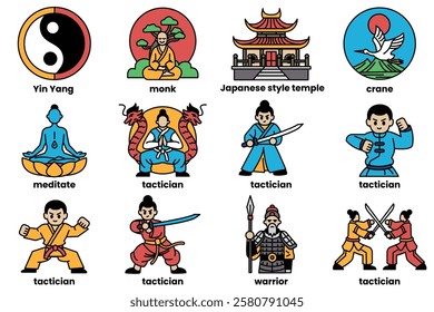 A set of illustrations in the concept of Chinese warriors in a line style