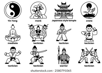 A set of illustrations in the concept of Chinese warriors in a line style