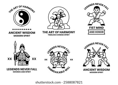 A set of illustrations in the concept of Chinese warriors in a line style