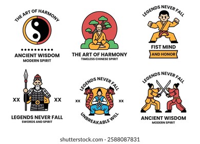 A set of illustrations in the concept of Chinese warriors in a line style