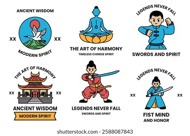 A set of illustrations in the concept of Chinese warriors in a line style