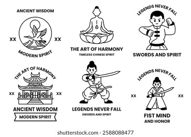 A set of illustrations in the concept of Chinese warriors in a line style