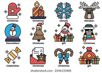 A set of illustrations in the concept of Christmas decorations in a line drawing style