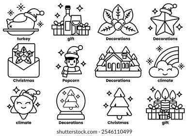 A set of illustrations in the concept of Christmas decorations in a line drawing style