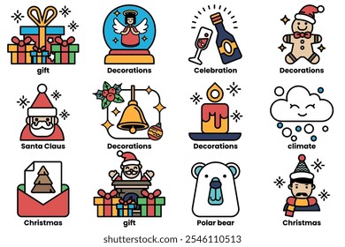 A set of illustrations in the concept of Christmas decorations in a line drawing style