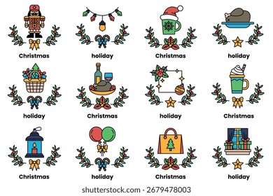 A set of illustrations in the concept of Christmas and holidays in a line style