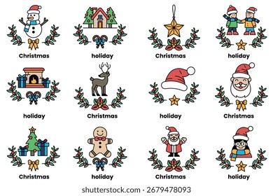 A set of illustrations in the concept of Christmas and holidays in a line style