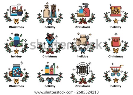 A set of illustrations in the concept of Christmas items and holidays in line art style