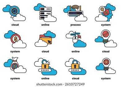 A Set of illustrations in the concept of clouds and business in line art style